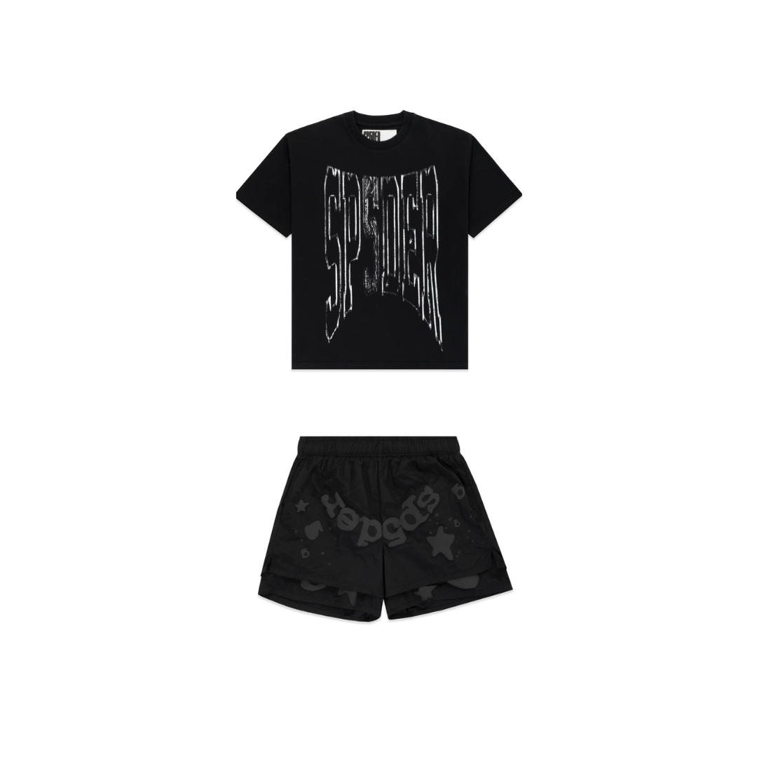 SP5DER Diffused Collegiate Tee & Beluga Double Layer Short Set Black