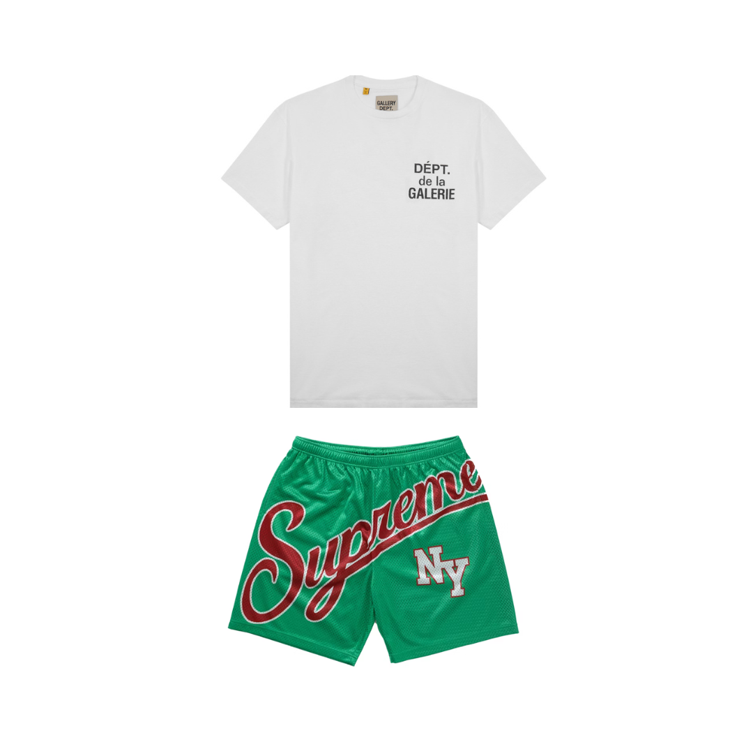 Supreme & Gallery Dept Short Set - Green Big Script Shorts & White Logo T-Shirt