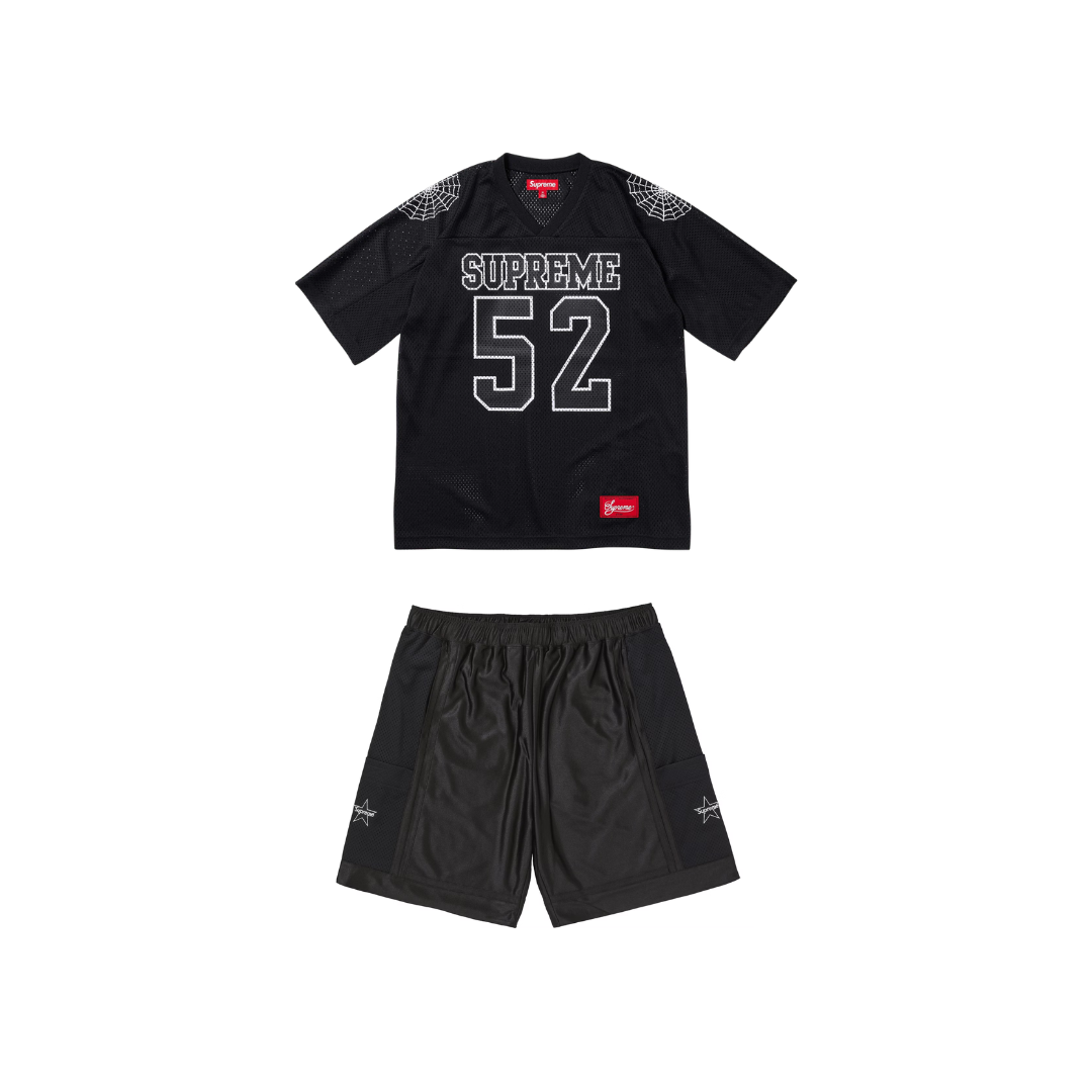 Supreme Spiderweb Football Jersey Black & Supreme Side Pocket Basketball Short Set