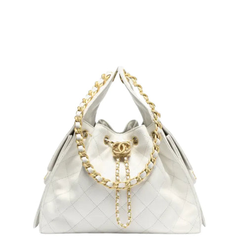 Chanel 25 Small Handbag Hobo Grained Calfskin & Gold-Tone Metal White