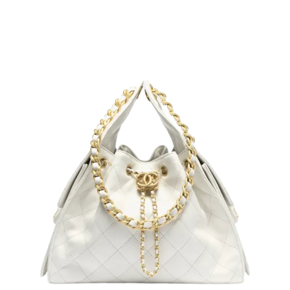 Chanel 25 Small Handbag Hobo Grained Calfskin & Gold-Tone Metal White