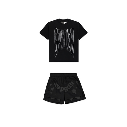 SP5DER Diffused Collegiate Tee & Beluga Double Layer Short Set Black
