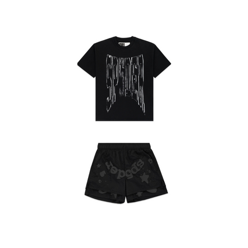 SP5DER Diffused Collegiate Tee & Beluga Double Layer Short Set Black