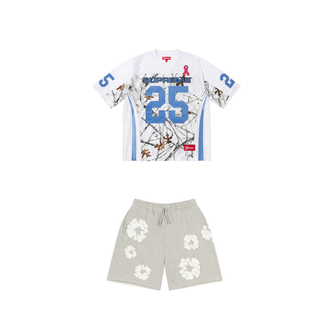 Supreme Breast Cancer Awareness Football Jersey White & Denim Tears Cotton Wreath Shorts Grey Set
