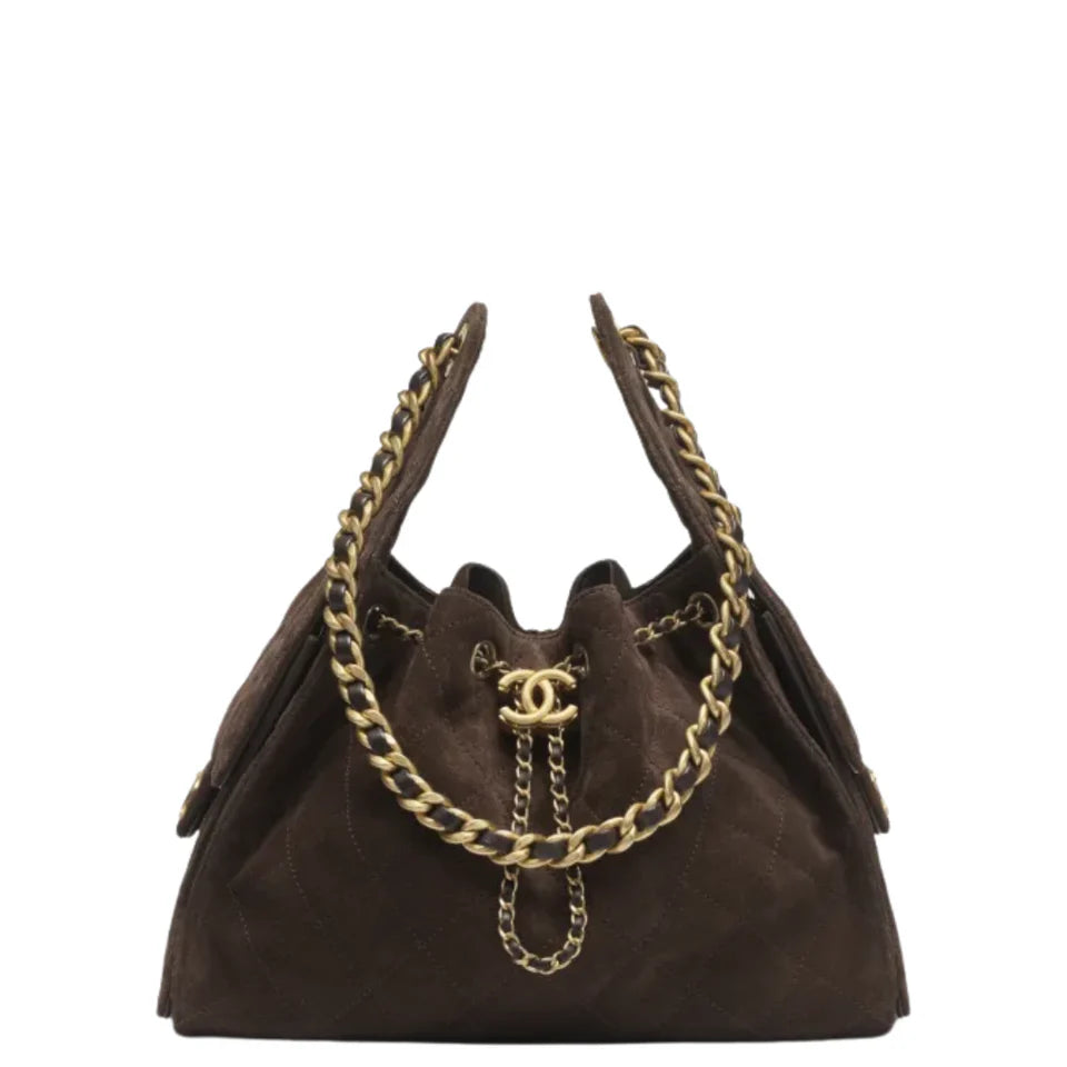 Chanel 25 Small Handbag Suede Calfskin & Gold Metal Dark Brown