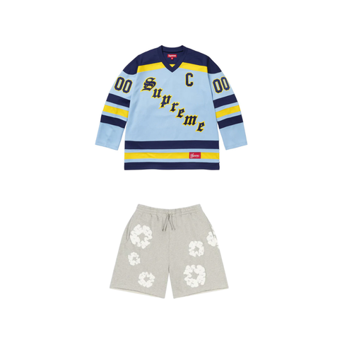 Supreme Fire & Ice Hockey Jersey Light Blue & Denim Tears Cotton Wreath Shorts Grey Set (Copy)