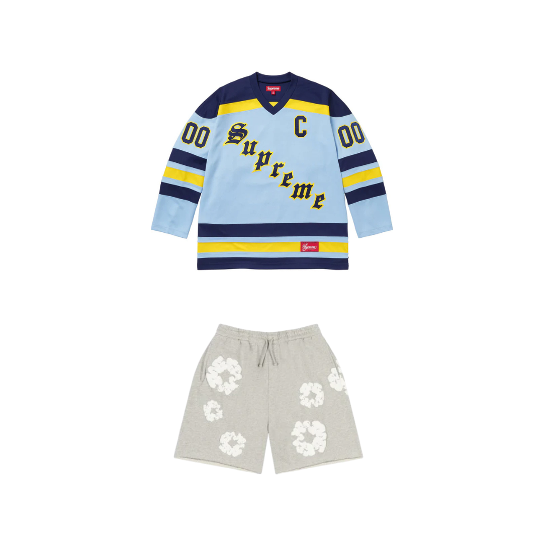 Supreme Fire & Ice Hockey Jersey Light Blue & Denim Tears Cotton Wreath Shorts Grey Set (Copy)