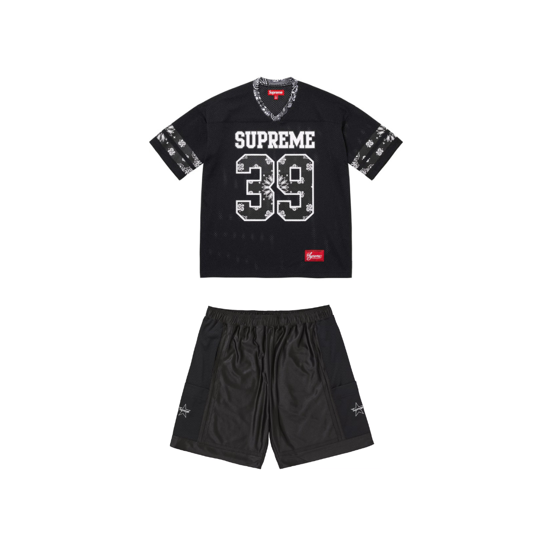 Supreme Bandana Football Jersey Black & Supreme Side Pocket Basketball Short Set