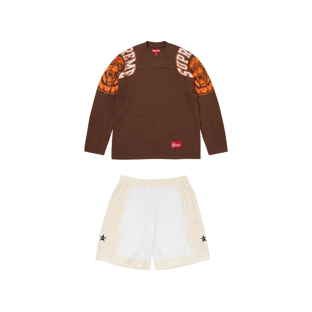 Supreme Mascot L/S Football Top Brown & Supreme Side Pocket Basketball Short 'White' Set