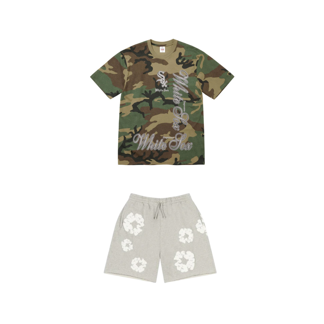 Supreme MLB Teams Tee Sox Woodland Camo & Denim Tears Cotton Wreath Shorts Grey Set