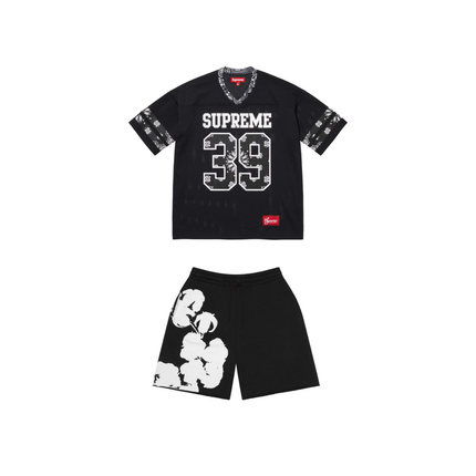 Supreme Bandana Football Jersey Black & Denim Tears Biggie Cotton Wreath Sweat Shorts Black Set