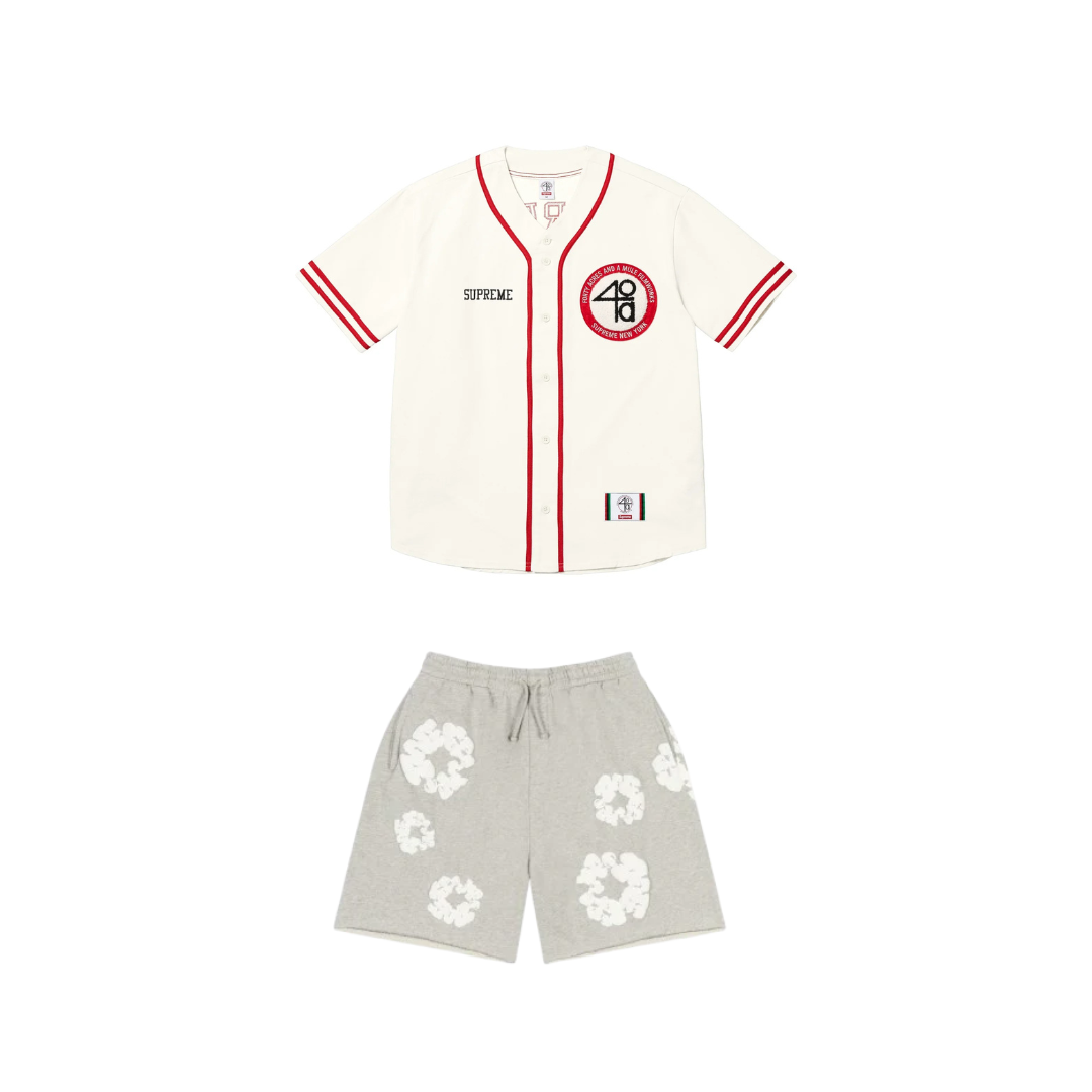 Supreme x 40 Acres Twill Baseball Jersey 'Natural' & Denim Tears Cotton Wreath Shorts Grey Set
