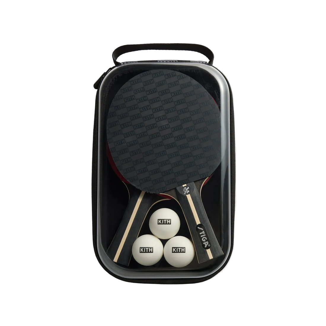 Ping pong paddle and balls in a black carrying case on a light gray background