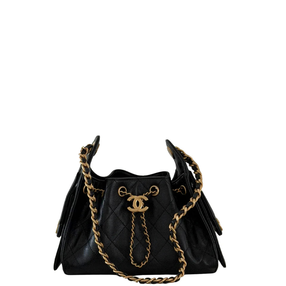 Chanel 25 Mini Handbag Hobo Grained Calfskin & Gold Tone Metal Black