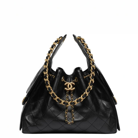 Chanel 25 Small Handbag Hobo Grained Calfskin & Gold Tone Metal Black