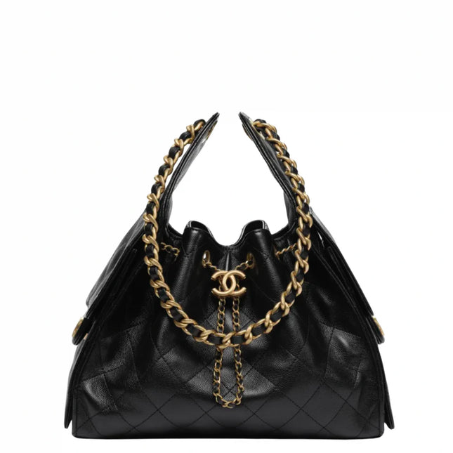 Chanel 25 Small Handbag Hobo Grained Calfskin & Gold Tone Metal Black