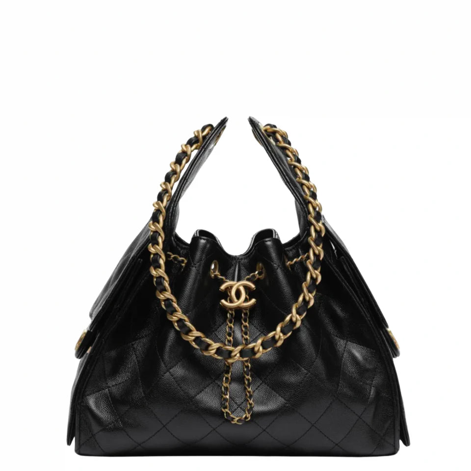 Chanel 25 Small Handbag Hobo Grained Calfskin & Gold Tone Metal Black