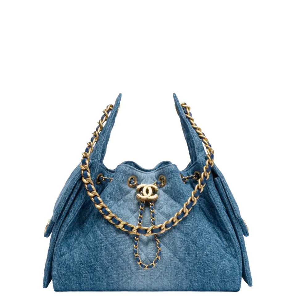 Chanel 25 Small Handbag Washed Denim & Gold-Tone Metal Blue